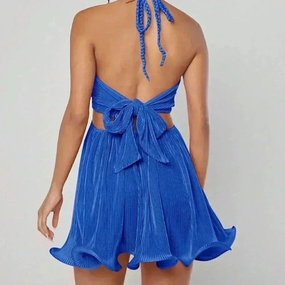 Blue Sexy Women's Plisse Cut Out Tie Backless Dress - Picture 2 of 8